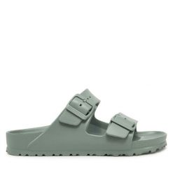 Klapki Birkenstock. Zielone klapki damskie Birkenstock, bez wzorów, bez obcasa. Za 249.99 zł.