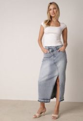 Niebieska Jeansowa Spódnica z Bawełną Wysokim Stanem i Rozcięciem na Nogę Vikinori. Niebieskie spódniczki damskie Born2be, l, bez wzorów, z bawełny, biznesowe, z podwyższonym stanem, midi. Za 119.99 zł.