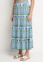 Niebieska Rozkloszowana Spódnica z Wiskozą w Etniczny Wzór Kolamiela. Niebieskie spódniczki damskie Born2be, bez wzorów, z bawełny, eleganckie, maxi, proste. Za 54.99 zł.