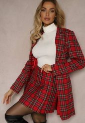 Czerwona Plisowana Spódnica z Wiskozą w Kratę Semarith. Czerwone spódniczki damskie Renee, s, bez wzorów, z dzianiny, eleganckie, mini, proste. Za 79.99 zł.