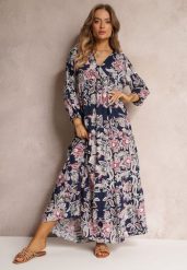 Granatowa Sukienka Oversize w Kwiaty Iophne. Niebieskie sukienki damskie Renee, na lato, l, bez wzorów, bez kołnierzyka, bez ramiączek, maxi, oversize. W wyprzedaży za 59.49 zł.