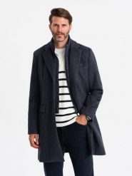 Rozpinany męski płaszcz z wełną – granatowy V1 OM-COWC-0121 - XXL. Niebieskie płaszcze męskie Ombre Clothing, na zimę, l, bez wzorów, z materiału, eleganckie. Za 437.99 zł.