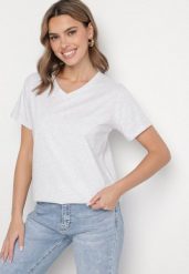 Jasnoszary Bawełniany T-shirt z Trójkątnym Dekoltem Nelirna. Szare t-shirty damskie Born2be, l, bez wzorów, z bawełny, bez kołnierzyka. Za 34.99 zł.