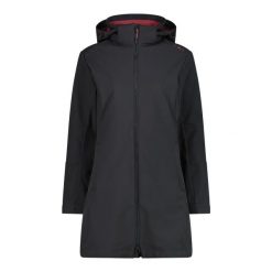 Kurtka parka z kapturem, zapinana na zamek dla kobiet CMP. Czarne kurtki damskie CMP, bez wzorów, z softshellu, z kapturem. Za 491.80 zł.