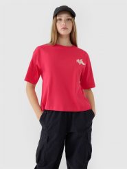 4F T-shirt oversize z nadrukiem damski - różowy L. Czerwone t-shirty damskie 4f, l, bez wzorów, z bawełny, bez kołnierzyka. W wyprzedaży za 39.99 zł.