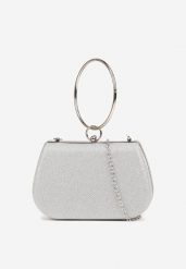 Srebrna Torebka Typu Kopertówka Ozdobiona Okrągłym Uchwytem Tolarania. Szare torebki wieczorowe Renee, bez wzorów, eleganckie, bez kołnierzyka, bez ramiączek. Za 64.99 zł.