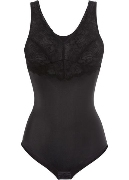 Body shape, średni stopień modelowania sylwetki. Czarne body damskie bonprix, bez wzorów, z koronki. Za 139.99 zł.