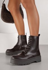 Brązowe Sznurowane Płaskie Botki w Stylu Workerów Neatinna. Brązowe botki damskie Born2be, z jeansu, eleganckie, bez obcasa, na płaskiej podeszwie, bez zapięcia. Za 169.99 zł.