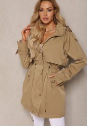 Ciemnobeżowy Płaszcz Kurtka Parka z Kapturem i Ściągaczem w Talii Verfia. Brązowe kurtki damskie Renee, na jesień, l, bez wzorów. Za 319.99 zł.