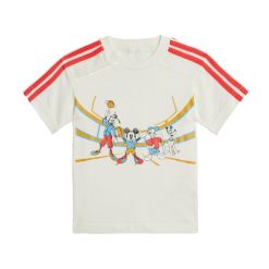 Koszulka adidas x Disney Mickey Mouse. Białe bluzki damskie Adidas, bez wzorów, z bawełny, bez kołnierzyka. W wyprzedaży za 87.60 zł.