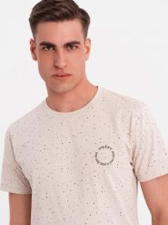 Męski bawełniany t-shirt z nadrukiem i okrągłym dekoltem – beżowy V2 OM-TSFP-0186 - XXL. Brązowe t-shirty męskie Ombre Clothing, na lato, l, bez wzorów, z bawełny, bez kołnierzyka. W wyprzedaży za 39.99 zł.