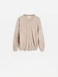 Sweter z wełny merino - beżowy. Brązowe swetry męskie Reserved, l, bez wzorów, z wełny, bez kołnierzyka. Za 199.99 zł.
