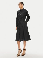 KARL LAGERFELD Sukienka koszulowa 245W1303 Czarny Regular Fit. Czarne sukienki damskie Karl Lagerfeld, bez wzorów, z bawełny, bez kołnierzyka, bez ramiączek, koszulowe. Za 1,299.00 zł.