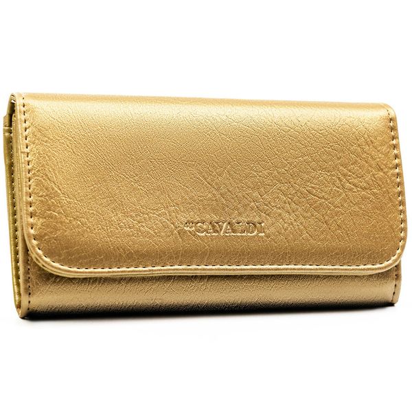 Duży portfel damski ze skóry ekologicznej w złotym kolorze, zamykany zatrzaskiem - 4U Cavaldi. Żółte portfele damskie 4U Cavaldi, bez wzorów, ze skóry ekologicznej. Za 45.00 zł.