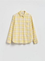 Koszula w kratę - jasnożółty. Żółte koszule damskie Reserved, l, bez wzorów, z bawełny, bez kołnierzyka, bez ramiączek. Za 139.99 zł.