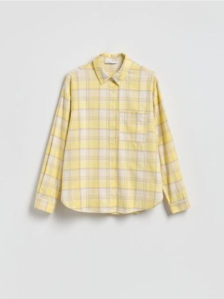 Koszula w kratę - jasnożółty. Żółte koszule damskie Reserved, l, bez wzorów, z bawełny, bez kołnierzyka, bez ramiączek. Za 139.99 zł.