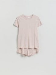 Dwuczęściowa piżama z nadrukiem - różowy. Czerwone piżamy damskie Reserved, l, bez wzorów, z bawełny, bez ramiączek. Za 79.99 zł.