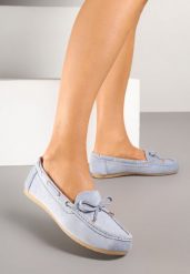 Niebieskie Mokasyny z Ekozamszu Zdobione Wiązaniem z Kokardą Sonilora. Niebieskie mokasyny damskie Renee, z jeansu. Za 59.99 zł.