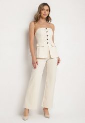 Beżowy Komplet Top z Baskinką i Ozdobnymi Guzikami i Szerokie Spodnie Palesia. Brązowe spodnie materiałowe damskie Born2be, bez wzorów, eleganckie. Za 169.99 zł.