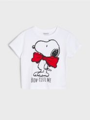 Bawełniana koszulka z nadrukiem Snoopy - biały. Białe koszulki dziewczęce Sinsay, l, bez wzorów, z bawełny, bez ramiączek. Za 15.99 zł.