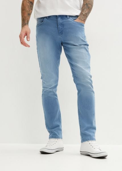 Dżinsy slim fit ze stretchem, straight. Niebieskie jeansy męskie bonprix. Za 104.99 zł.