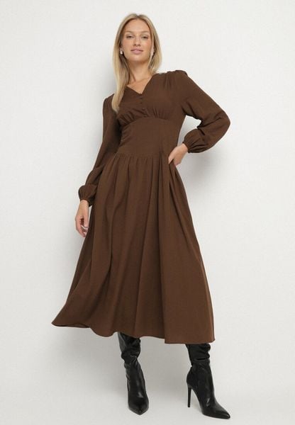 Brązowa Sukienka z Wiskozą z Gorsetową Talią i Bufiastymi Rękawami Aniste. Brązowe sukienki damskie Born2be, na co dzień, m, bez wzorów, z poliesteru, eleganckie, bez kołnierzyka, bez ramiączek, gorsetowe. Za 139.99 zł.