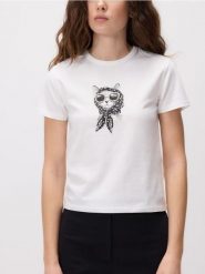 T-shirt z nadrukiem - biały. Białe t-shirty damskie Reserved, l, bez wzorów, z bawełny, bez kołnierzyka. Za 39.99 zł.