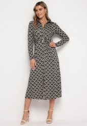 Czarno-Biała Sukienka Koszulowa Midi w Geometryczny Wzór z Paskiem Anelfi. Czarne sukienki damskie Born2be, l, bez wzorów, z materiału, bez kołnierzyka, bez ramiączek, midi, koszulowe. Za 169.99 zł.