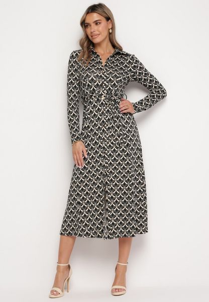Czarno-Biała Sukienka Koszulowa Midi w Geometryczny Wzór z Paskiem Anelfi. Czarne sukienki damskie Born2be, l, bez wzorów, z materiału, bez kołnierzyka, bez ramiączek, midi, koszulowe. Za 169.99 zł.