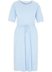Sukienka z dżerseju. Niebieskie sukienki damskie bonprix, bez wzorów, z bawełny, bez kołnierzyka, bez ramiączek, midi. Za 67.99 zł.
