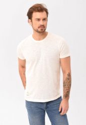 Gładki t-shirt T-BLUES. Białe t-shirty męskie Volcano, l, bez wzorów, z bawełny, bez kołnierzyka. Za 69.99 zł.