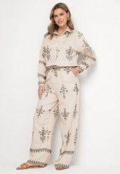 Beżowy Komplet z Wiskozy w Stylu Boho Koszula i Spodnie Zdobione Haftem Sarhiris. Brązowe koszule damskie Born2be, z aplikacjami, z wiskozy, boho. Za 159.99 zł.