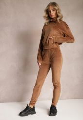 Brązowy Komplet Dresowy z Weluru ze Ściągaczami i Bluzą z Kapturem Rerafina. Brązowe bluzy z kapturem damskie Renee, m, z dresówki. Za 149.99 zł.
