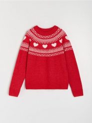 Świąteczny sweter z sercami z domieszką wełny - czerwony. Czerwone swetry klasyczne damskie Sinsay, l, z wełny, bez kołnierzyka. Za 59.99 zł.