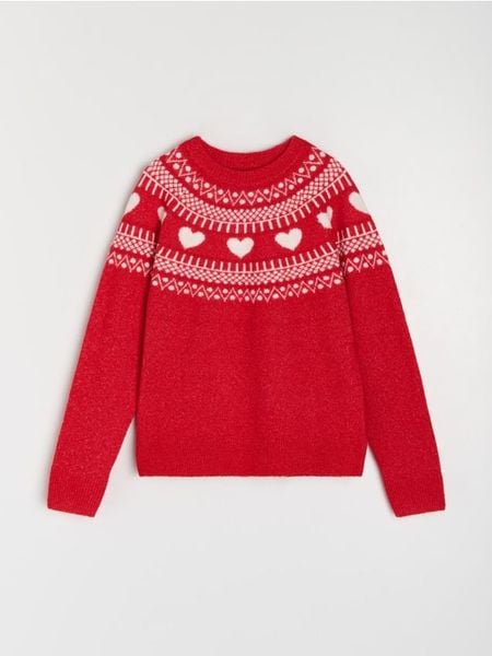 Świąteczny sweter z sercami z domieszką wełny - czerwony. Czerwone swetry klasyczne damskie Sinsay, l, z wełny, bez kołnierzyka. Za 59.99 zł.