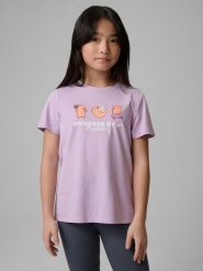 4F T-shirt regular z nadrukiem dziewczęcy - fioletowy 128 (7-8 lat). Fioletowe koszulki dziewczęce 4f, bez wzorów, z bawełny, bez ramiączek. Za 39.99 zł.