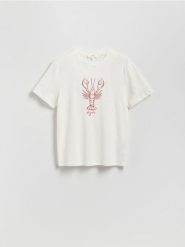 T-shirt regular z lnem - biały. Białe t-shirty męskie Reserved, l, bez wzorów, z dzianiny, bez kołnierzyka. W wyprzedaży za 79.99 zł.