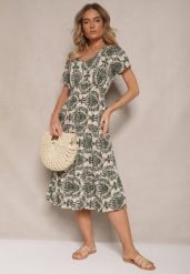 Ciemnozielona Rozkloszowana Sukienka z Bawełny z Gumką w Talii Desanita. Zielone sukienki damskie Renee, na co dzień, na lato, l, bez wzorów, z bawełny, eleganckie, bez kołnierzyka, bez ramiączek, midi, kopertowe. W wyprzedaży za 41.99 zł.