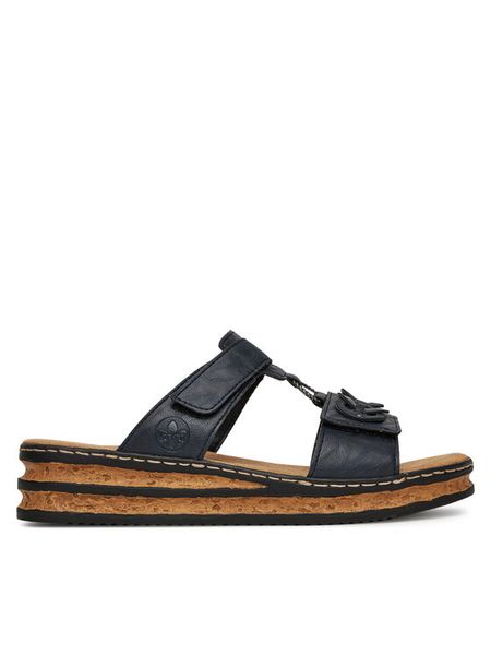 Rieker Klapki 62936-14 Granatowy. Niebieskie klapki damskie Rieker, bez wzorów, ze skóry, bez obcasa. Za 289.99 zł.