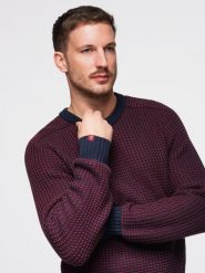 Męski sweter o kontrastowym splocie z okrągłym dekoltem – bordowy V1 - Rozmiar: S. Czerwone swetry męskie Ombre Clothing, m, z aplikacjami, z dzianiny, bez kołnierzyka. W wyprzedaży za 125.99 zł.