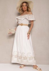 Biała Sukienka Boho o Kroju Hiszpanki Zdobiona Haftem i Paskiem z Klamrą Vallisca. Białe sukienki damskie Renee, na co dzień, l, z aplikacjami, z poliesteru, boho, bez kołnierzyka, bez ramiączek, maxi, kopertowe. W wyprzedaży za 159.99 zł.