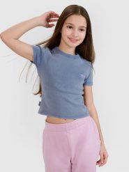 4F T-shirt regular z efektem sprania dziewczęcy - granatowy 140 (9-10 lat). Niebieskie koszulki dziewczęce 4f, bez wzorów, z bawełny, bez ramiączek. Za 39.99 zł.