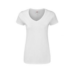 Koszulka Damska Iconic 140 Z Dekoltem V. Białe bluzki damskie Fruit of the Loom, s, bez wzorów, sportowe, bez kołnierzyka, bez ramiączek. Za 46.99 zł.