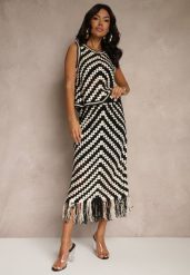 Czarna Szydełkowa Spódnica z Bawełną Ozdobiona Frędzlami Zisavine. Czarne spódniczki damskie Renee, bez wzorów, z bawełny, boho, midi. Za 119.99 zł.