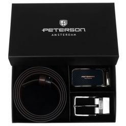 Zestaw prezentowy: dwustronny pasek skórzany w brązowym i czarnym kolorze Peterson PTN KL-B016S001. Brązowe paski męskie Peterson, bez wzorów, ze skóry, eleganckie. Za 139.99 zł.