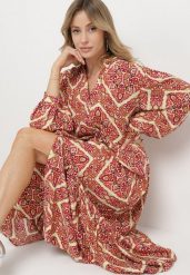 Bordowa Rozkloszowana Sukienka z Wiskozy Zapinana na Guziki z Falbanką Nrines. Czerwone sukienki damskie Born2be, na co dzień, l, bez wzorów, z wiskozy, eleganckie, bez kołnierzyka, bez ramiączek, maxi, rozkloszowane. W wyprzedaży za 103.99 zł.