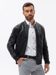 Kurtka męska z imitacji skóry ze ściągaczem na dole - czarna V2 - Rozmiar: XL. Czarne kurtki męskie Ombre Clothing, m, bez wzorów, ze skóry, bez kaptura. W wyprzedaży za 119.99 zł.