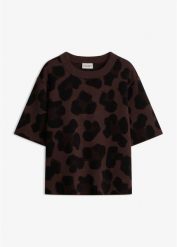 Sweter w żakardowy wzór. Brązowe swetry klasyczne damskie bonprix, z żakardem, bez kołnierzyka. Za 109.99 zł.