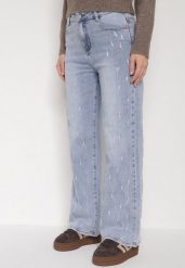 Niebieskie Bawełniane Szerokie Jeansy z Wysokim Stanem i Przetarciami Lilinryss. Niebieskie jeansy damskie Born2be, z podwyższonym stanem. Za 119.99 zł.