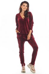 Wygodna Welurowa Bluza z Dekoltem w Szpic - Bordowa. Czerwone bluzy bez kaptura damskie Awama, uniwersalny, z materiału. Za 182.90 zł.